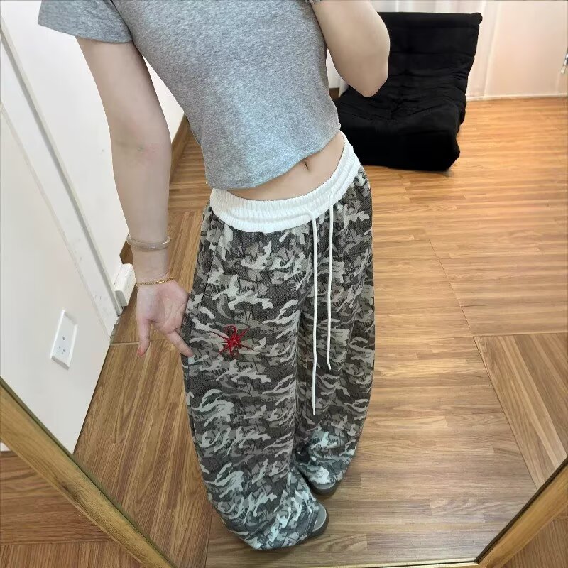 순면 복잡한 우유 실크 운동 캐주얼 바지 여성 봄 여름 루즈핏 와이드 레그 팬츠 자수 jazz 재즈 댄스 바닥 청소 바지