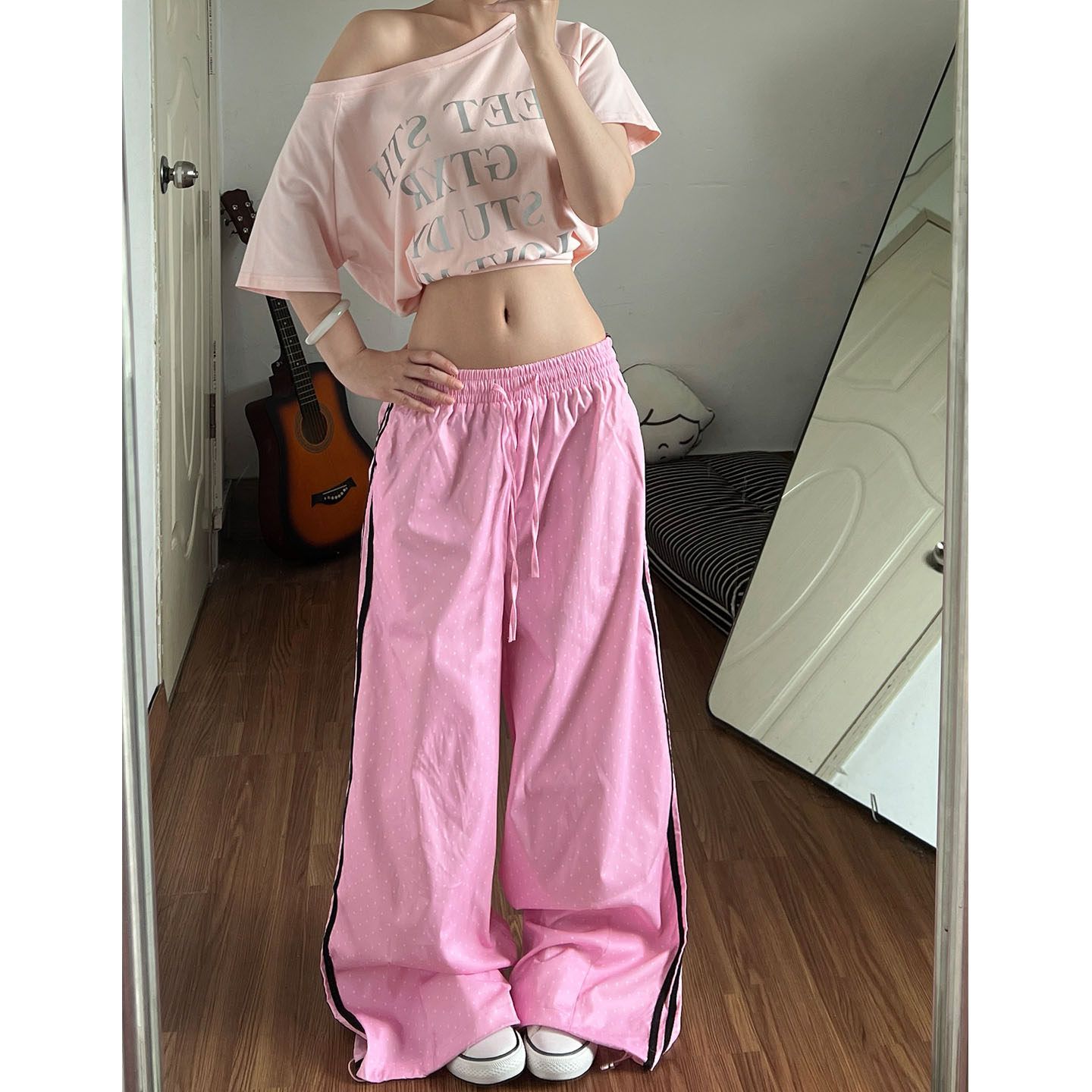 아메리칸 높음 거리 3개 바 레오파드 무늬 고양이 자수 캐주얼 바지 여성 디자인 센스 루즈핏 다용도 스트레이트 와이드 레그 팬츠 어린이