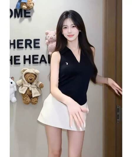 캐주얼 스포츠 슈트 여성 한 부서 여름 새로운 민소매 POLO 칼라 조끼 슬립 하이웨이스트 치마바지 투피스 세트
