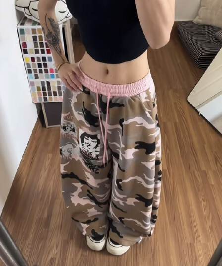 후아 면 복합 카모플라주 배색 모통이 칼 넓은 다리 웨이 바지 루즈핏 펌프 로프 캐주얼 바닥 청소 바지
