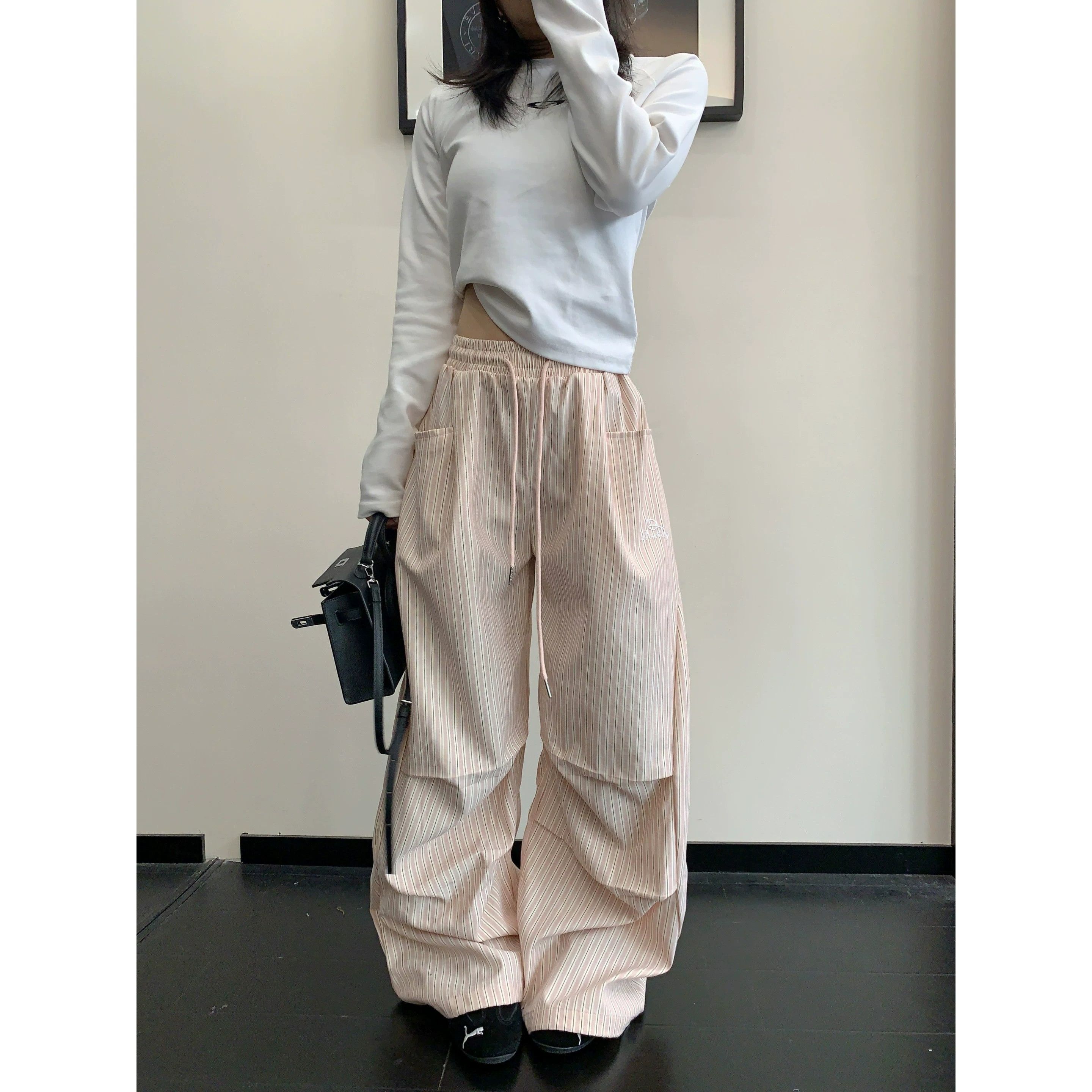 여름 느슨함 센스 느긋한 얇은 스타일 스트라이프 와이드 레그 팬츠 한 여성 chic 고급 센스 루즈핏 스트레이트 캐주얼 바지 긴 바지