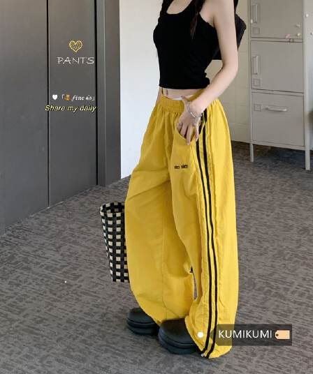 알파벳 있음 변경 속도 건조한 워크웨어 팬츠 여성 도파민 루즈핏 캐주얼 스트라이프 얇은 스타일 운동 와이드 레그 팬츠