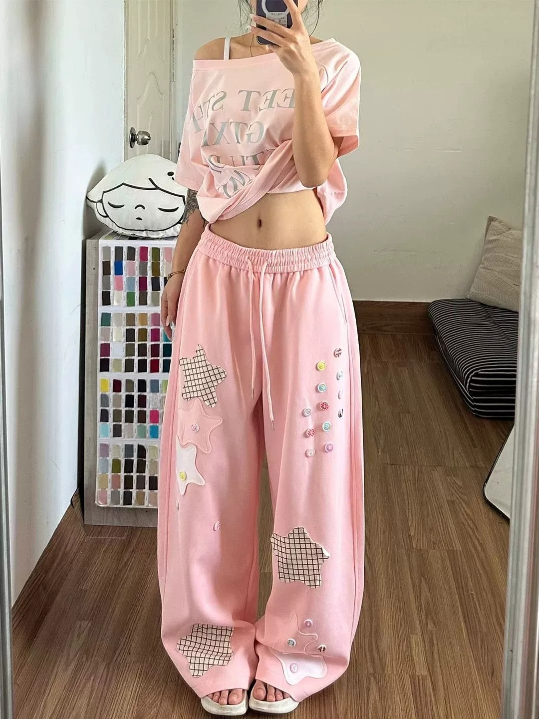 아메리칸 오각형 별 패치 캐주얼 루즈핏 웨이 바지 여성 여름 새로운 배색 넓은 다리 캐주얼 바지 모통이 칼 롱 바지