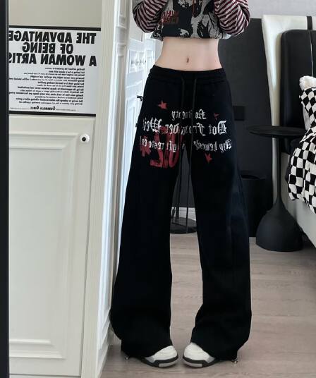 아메리칸 거리 별 알파벳 프린트 펌프 로프 넓은 다리 모통이 칼 캐주얼 웨이 바지 여성 루즈핏 춤추기 운동 긴 바지