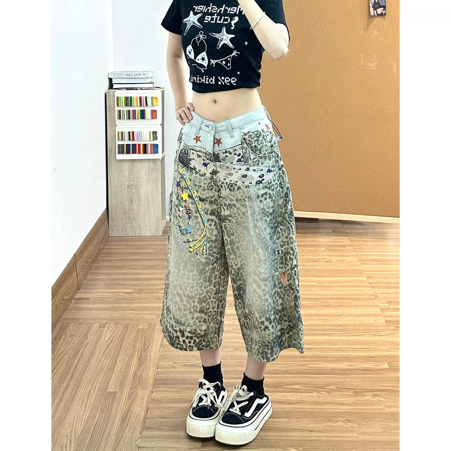 아메리칸 레트로 거리 3d 프린트 레오파드 무늬 넓은 다리 7부 바지 여성 여름 섹션 디자인 센스 마 오래된 루즈핏 캐주얼 바지