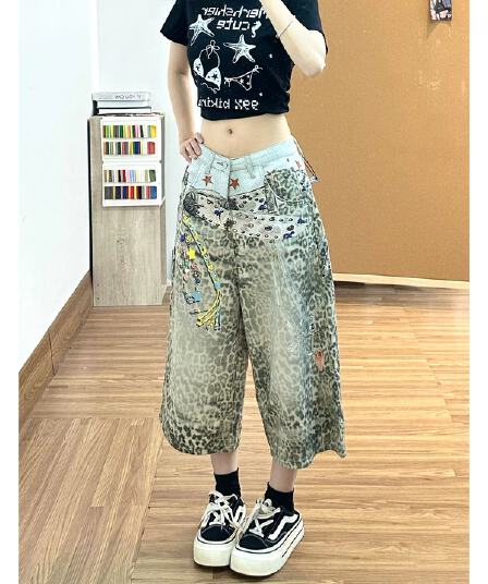 아메리칸 레트로 거리 3d 프린트 레오파드 무늬 넓은 다리 7부 바지 여성 여름 섹션 디자인 센스 마 오래된 루즈핏 캐주얼 바지