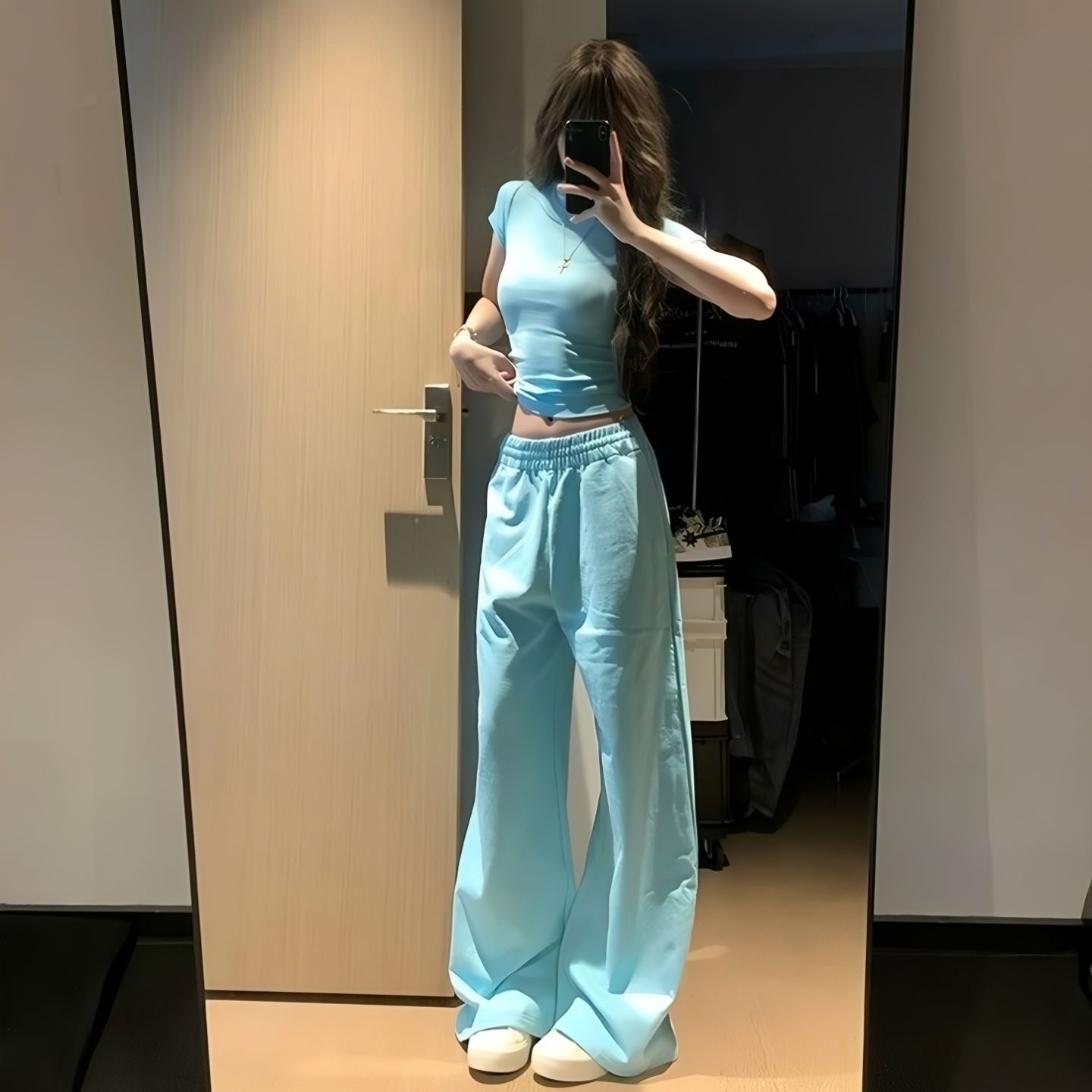 얇은 스타일 순면 복합 얼음 파란색 펌프 로프 단색 다용도 긴 바지 여름 새로운 웨이 바지