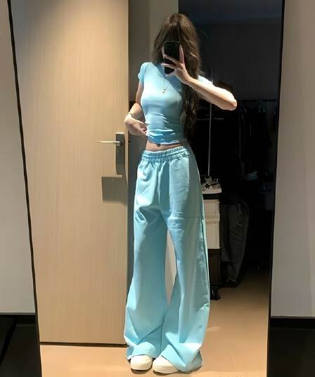 얇은 스타일 순면 복합 얼음 파란색 펌프 로프 단색 다용도 긴 바지 여름 새로운 웨이 바지