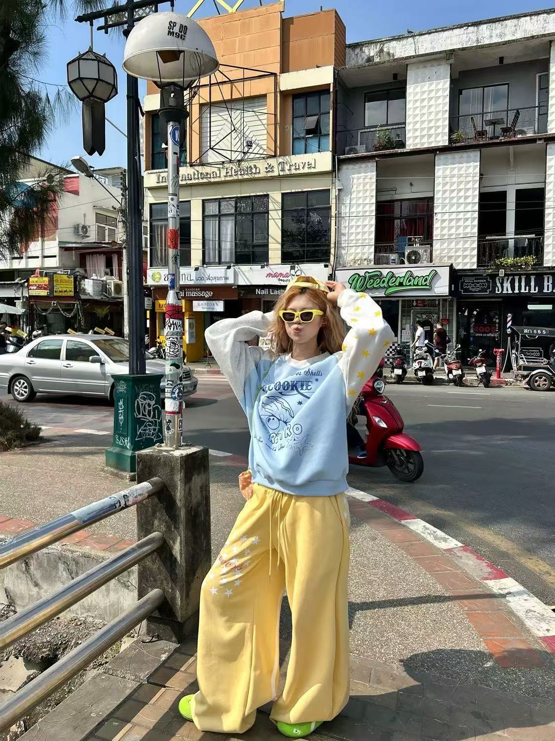 아메리칸 레트로 높음 거리 봄 여름 스타 깃발 디자인 센스 모통이 칼 와이드 레깅스 바지 루즈핏 조수 브랜드 운동 캐주얼 웨이 바지