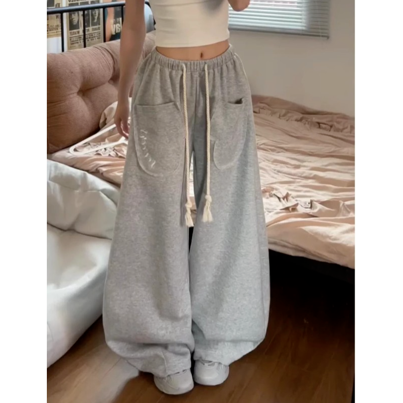 s-6xl 아메리칸 레트로 허리밴드 3 차원 주머니 운동 바지 여성 여름 얇은 스타일 슬림해 보이는 루즈핏 와이드 레그 팬츠 ins
