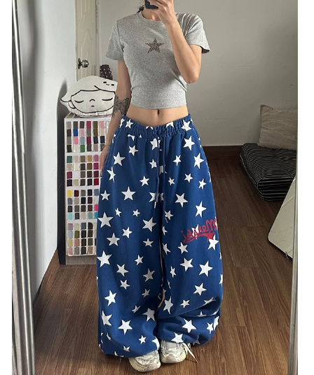 s-6xl 파란색 아메리칸 웨이 바지 여성 여름 디자인 센스 별 전체 인쇄 루즈핏 캐주얼 다용도 운동 바지 bf