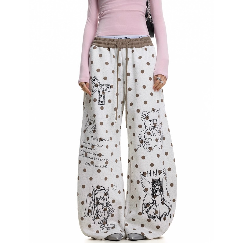 s-6xl 아메리칸 전체 인쇄 도트 무늬 만화 프린트 넓은 다리 웨이 바지 여성 여름 루즈핏 캐주얼 스트리트 댄스 굴곡 바지 ins