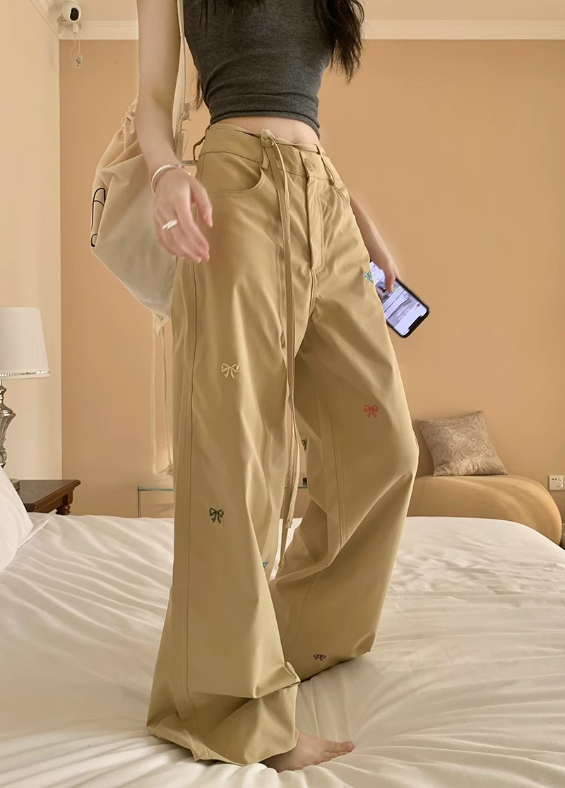 원본 자수 전문가 슬랙스 큰 공장 생산 된 레트로 루즈핏 와이드 레깅스 바지 봄 하이웨이스트 레이스업 워크웨어 팬츠