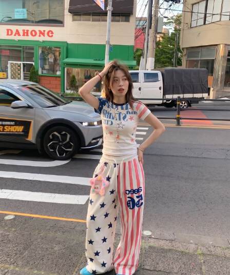 벨트 장식품 아메리칸 높음 거리 별 전체 인쇄 배색 스트라이프 와이드 레깅스 바지 여름 캐주얼 스트리트 댄스 바지