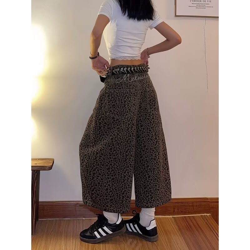 2026 봄 여름 아메리칸 레트로 거리 레오파드 무늬 7부 바지 워크웨어 모통이 칼 바지 남녀 루즈핏 넓은 다리 캐주얼 바지
