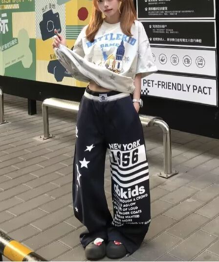 2026 아메리칸 레트로 마 오래된 알파벳 프린트 스트레이트 캐주얼 바지 남녀 루즈핏 넓은 다리 도루 센스 느긋한 긴 바지