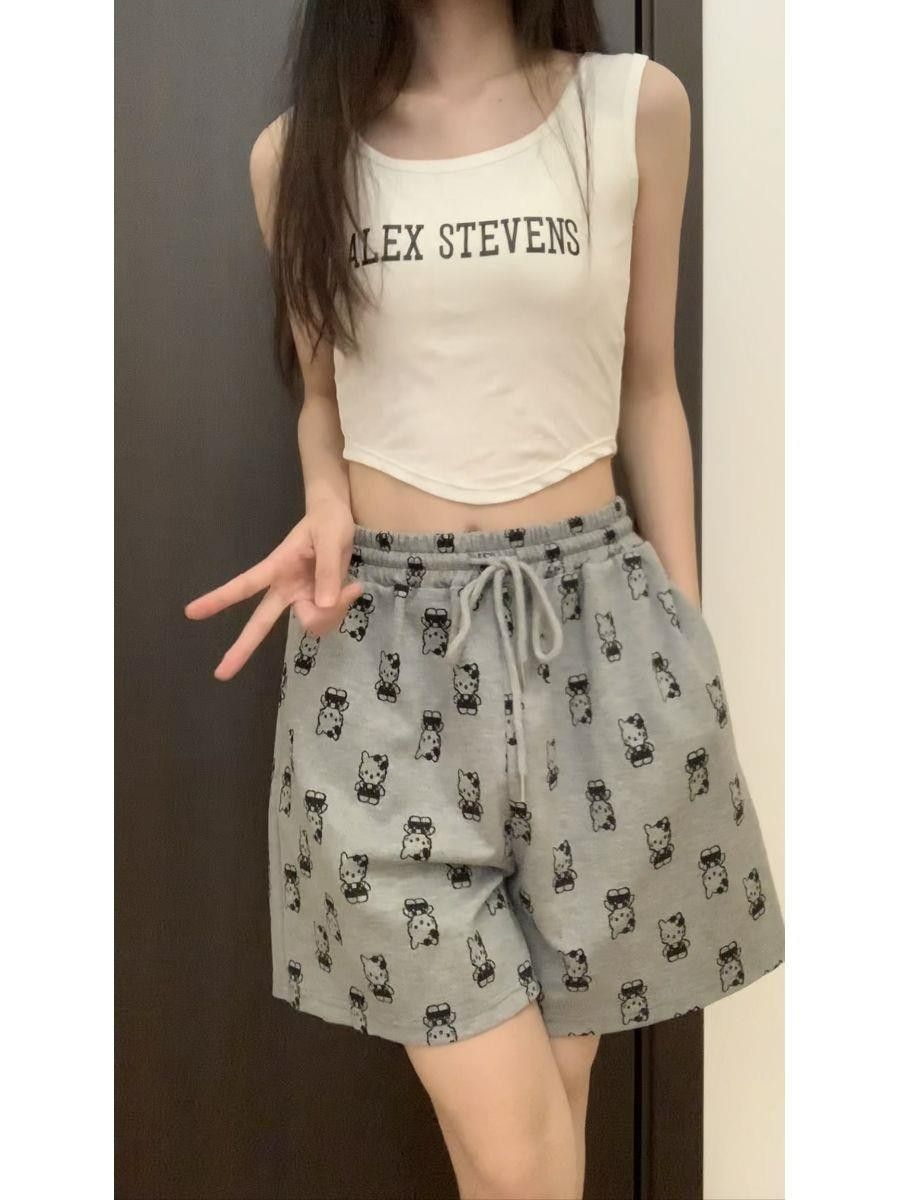 아메리칸 레트로 펌프 로프 하이웨이스트 귀여운 kt 고양이 반바지 여성 여름 캐주얼 루즈핏 와이드 레그 팬츠 외출용 운동 핫 바지