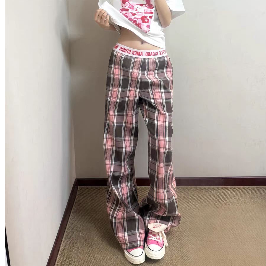 빅 사이즈 아메리칸 레트로 허리 머리 패치워크 핑크색 체크무늬 바지 남녀 새로운 체크무늬 루즈핏 슬림해 보이는 스트레이트 롱 바지