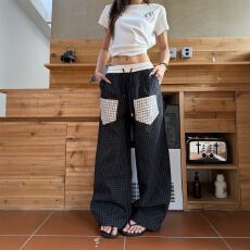 批发美式复古贴布口袋格子裤女直筒宽松运动慵懒情侣休闲长裤