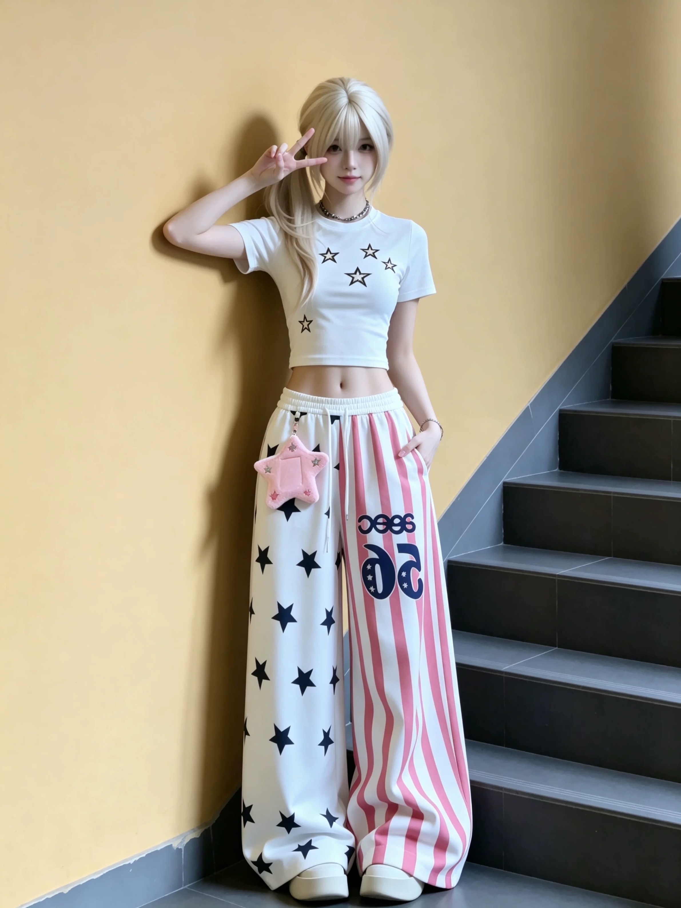 아메리칸 레트로 별 캐주얼 운동 긴 바지 여름 학생 한국 스타일 루즈핏 패치워크 와이드 레그 팬츠
