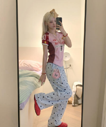 벨트 장식품 아메리칸 레트로 도트 무늬 체크무늬 캐주얼 바지 도파민 색상 다용도 긴 바지 와이드 레그 팬츠