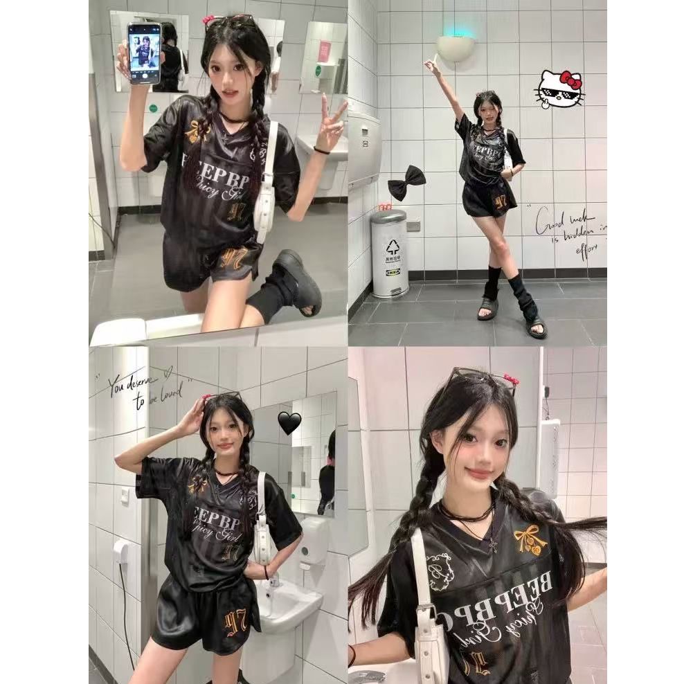 원본 원단 원본 솜씨 아메리칸 루즈핏 패치워크 저지 반팔 티셔츠 여성 반바지 투피스 세트 세트 여름