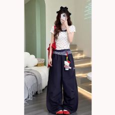 批发原版锦纶面料原版做工美式甜美波点刺绣修身上衣阔腿裤<b class='q'>套</b>装<b class='q'>女</b>夏季