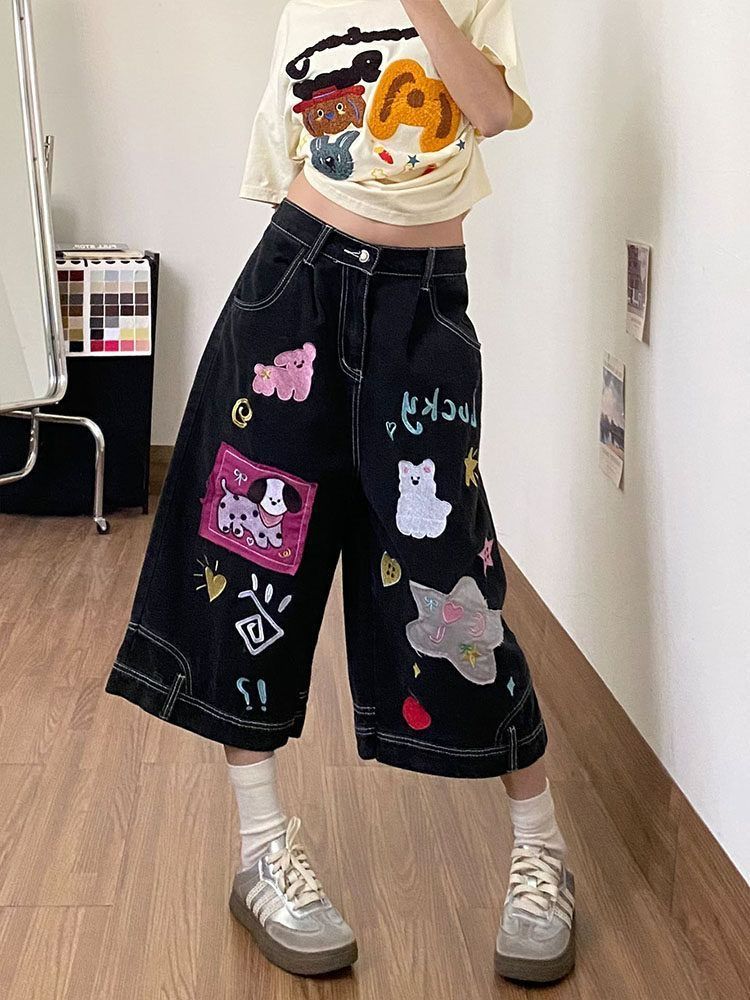 레트로 핫걸 데님 7부 바지 여성 작은 키 로우 웨이스트 슬림해 보이는 스트레이트 넓은 다리 핫 바지