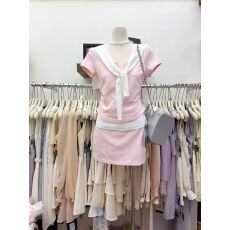 批发夏季新款休闲减龄运动套装女百搭短袖上衣+时尚半身裙+披肩三件套