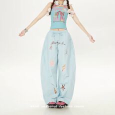批发设计感小众蓝色<b class='q'>贝壳</b>海星刺绣夏季阔腿裤女2026新款多巴胺休闲长裤