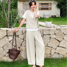 批发简约休闲风马甲短袖阔腿裤两件套女夏季新款时尚显瘦气质减龄套装