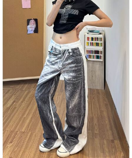 아메리칸 거리 바람 넓은 다리 청바지 여성 여름 고급 센스 루즈핏 스트레이트 캐주얼 바지 긴 바지