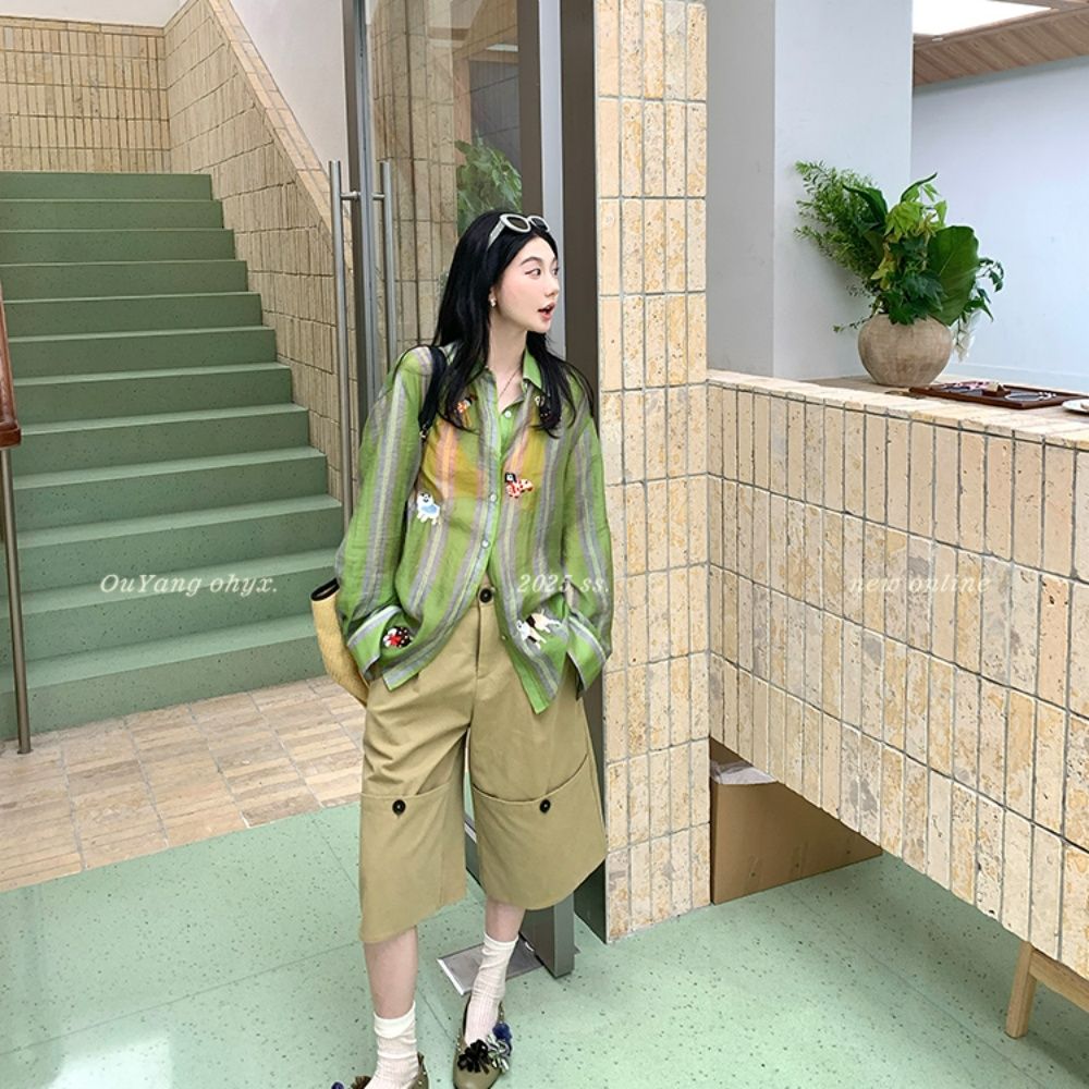 전체 테두리 단추 아메리칸 거리 뒤집다 온통 디자인 센스 사선 무늬 워싱 면 7부 바지 여성 여름 레트로 다용도