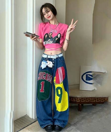 아메리칸 레트로 핫걸 청바지 여성 작은 대중 루즈핏 슬림해 보이는 스트레이트 넓은 다리 바닥 청소 바지