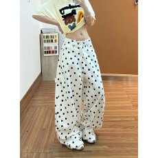 批发米白色仙雅波点阔腿裤女薄款2026<b class='q'>夏</b>季新款宽松休闲直筒长裤