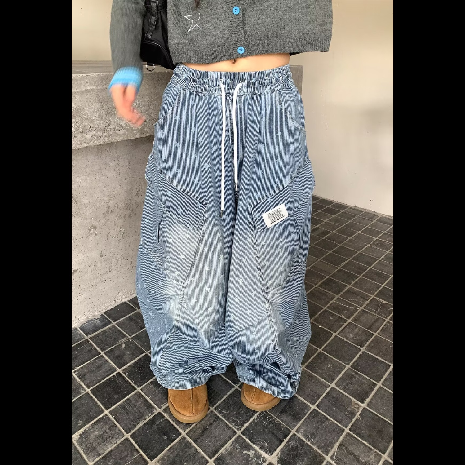 아메리칸 별 전체 인쇄 프로필 모양 펌프 로프 넓은 다리 청바지 여성 무거운 작업 루즈핏 캐주얼 다용도 바닥 청소 롱 바지
