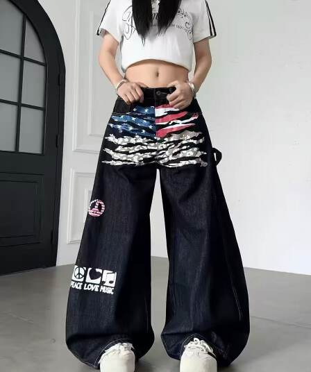 아메리칸 높음 거리 거리 배너 낙서 카모플라주 프린트 디자인 청바지 루즈핏 여성 넓은 다리 모통이 칼 긴 바지 트렌디