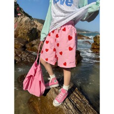 批发美式爱心<b class='q'>印花</b>抽绳阔腿五分裤男女夏季宽松休闲直筒<b class='q'>短裤</b>
