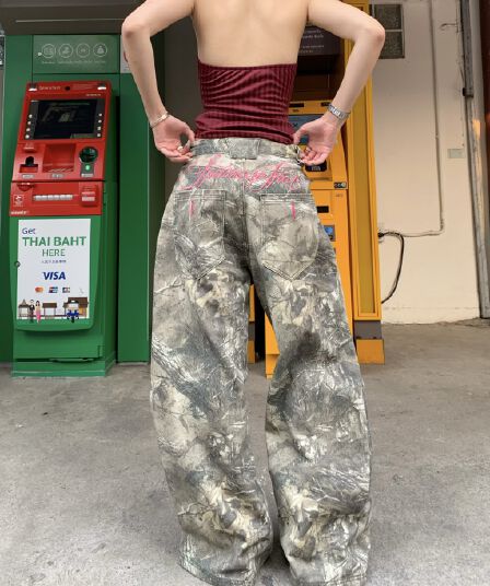 아메리칸 레트로 알파벳 자수 나뭇가지 카모플라주 청바지 남녀 루즈핏 다용도 캐주얼 스트레이트 넓은 다리 모통이 칼 바지