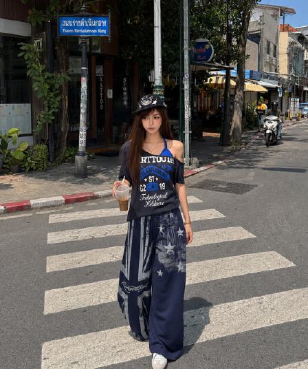 아메리칸 낙서 별 와이드 레그 팬츠 남녀 여름 거리 웃음 하 바람 조거 바지 캐주얼 긴 바지
