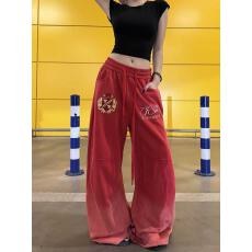 批发美式渐变徽章刺绣橘红弯刀卫<b class='q'>裤</b>仙雅服饰女复古做旧<b class='q'>宽松</b>阔腿<b class='q'>裤</b>子