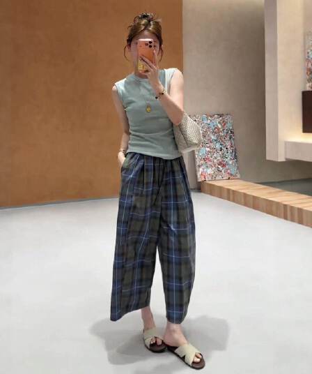 레트로 체크무늬 넓은 다리 9부 바지 여성 여름 얇은 스타일 2026 새로운 하이웨이스트 루즈핏 도루 가을 센스 모통이 칼 바지 아이들