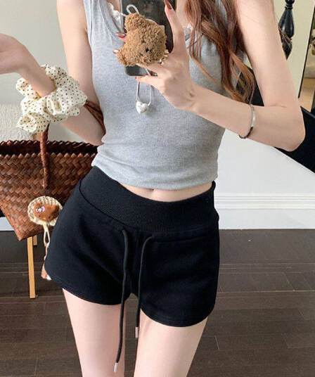 순수한 Mianhua 면 복합 우유 실크 운동 반바지 여성 여름 펌프 로프 하이웨이스트 아메리칸 캐주얼 바지 가정 핫 바지