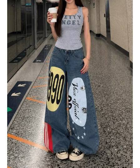 아메리칸 레트로 재미있는 프린트 청바지 여성 레저 다용도 긴 바지 프로필 부서 모통이 칼 와이드 레그 팬츠