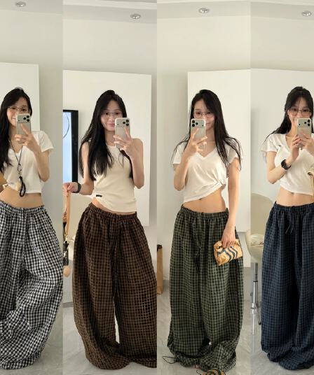 긴 바지 원본 체크 직물 복합 여름 와이드 레그 팬츠 루즈핏 홈 체크무늬 캐주얼 긴 바지 굴곡 바지 여성