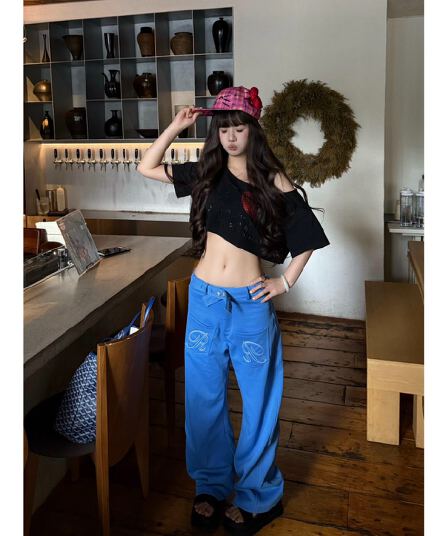 아메리칸 레트로 파리 버클 디자인 자수 식물 플러시 프린트 모통이 칼 와이드 레깅스 바지 ins 느긋한 웨이 바지