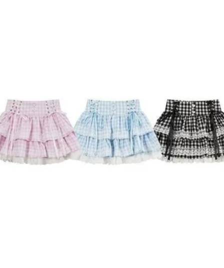달콤함 분말 체크무늬 귀여운 케이크 반신 스커트 여성 봄 여름 아이스크림 하이웨이스트 프릴 짧은 치마