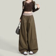 批发独特格纹拼接美式<b class='q'>军</b>绿褶皱阔腿休闲<b class='q'>裤</b>女复古高腰慵懒垂感百搭<b class='q'>裤</b>子
