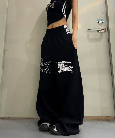 프린트 스트라이프 더블 허리 머리 baggy 웨이 바지 남녀 여름 아메리칸 운동 바람 루즈핏 스트레이트 캐주얼 바지 트렌디