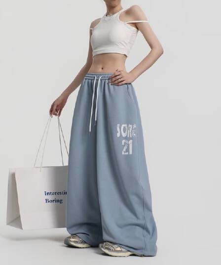 도루 센스 거리 레트로 펌프 로프 웨이 바지 여성 여름 아메리칸 조수 브랜드 알파벳 프린트 느긋한 다용도 넓은 다리 모통이 칼 바지